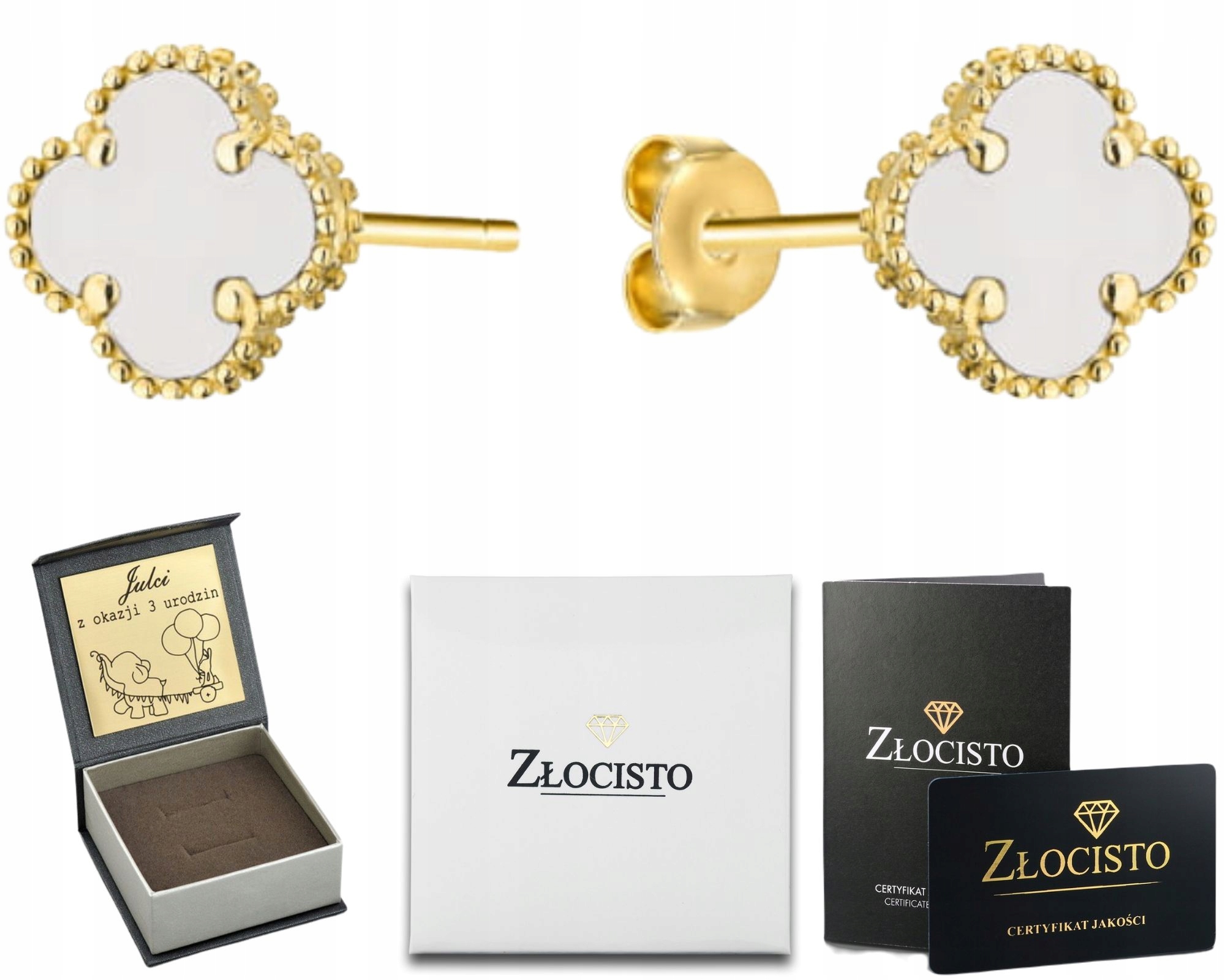 Zlaté Náušnice S Bílou Jetelkou 5 MM 585 Gravírování Zlato Jako Dárek