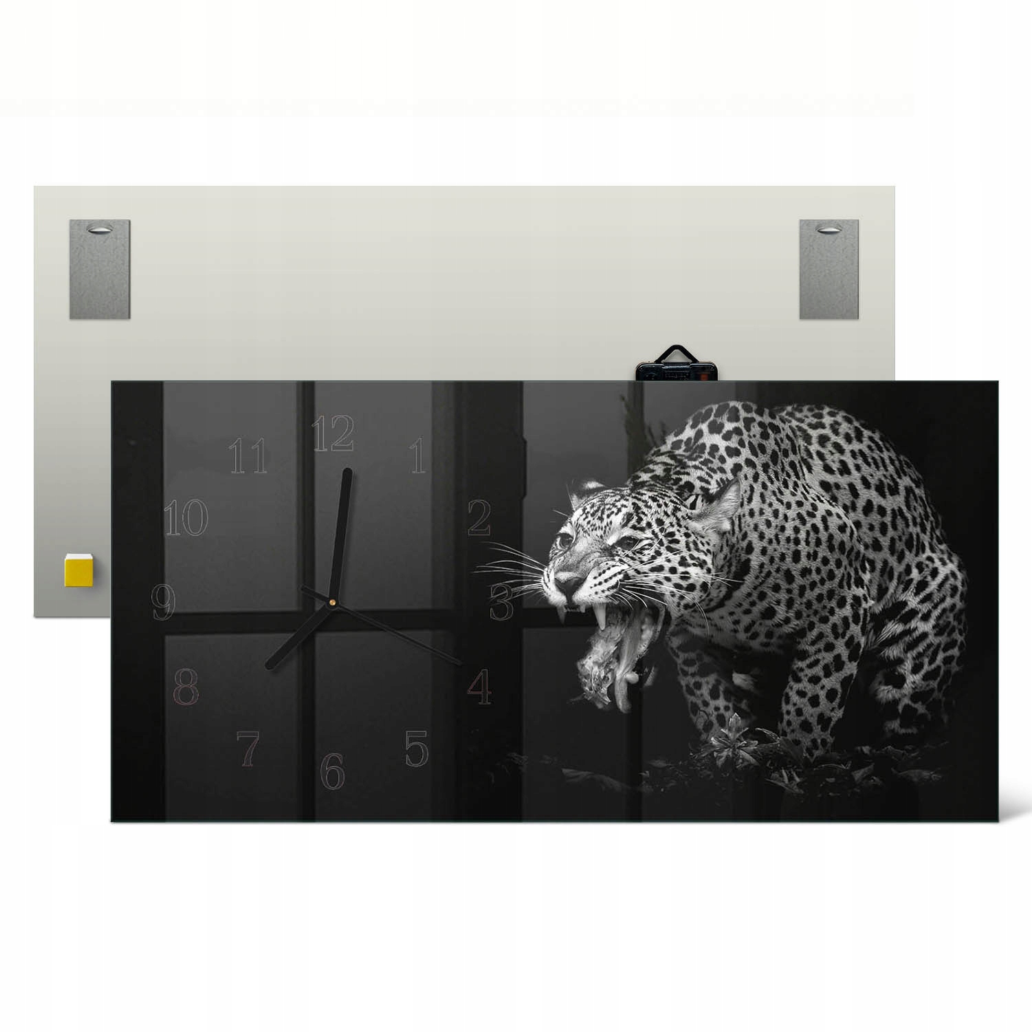 Obdélníkové velké skleněné hodiny do obývacího pokoje s grafikou Jaguar 60 x 30 cm