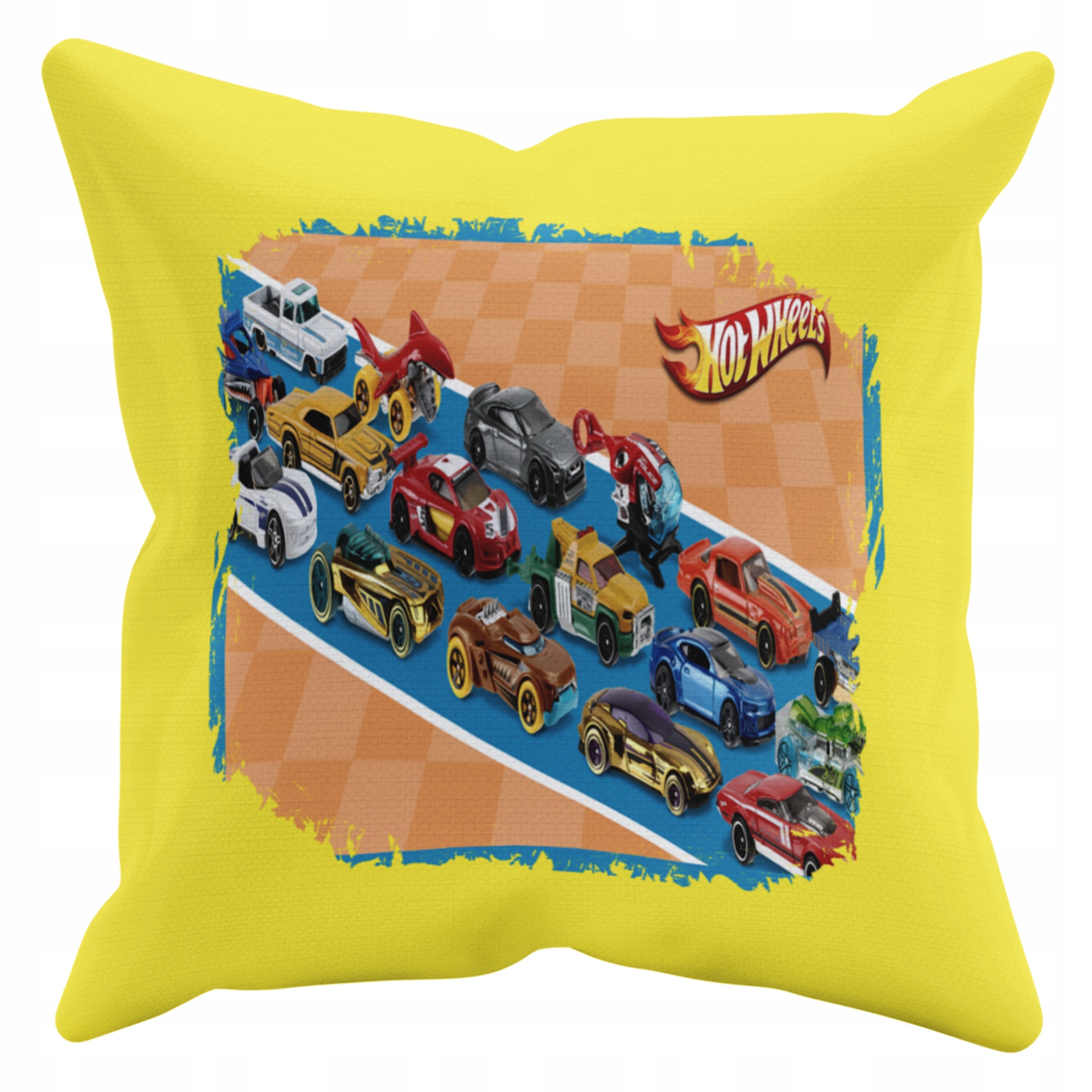 POSZEWKA NA PODUSZKĘ JAŚKA DO PRZEDSZKOLA SAMOCHODY ZABAWKI + IMIĘ GRATIS Kolor dominujący odcienie żółtego i złota