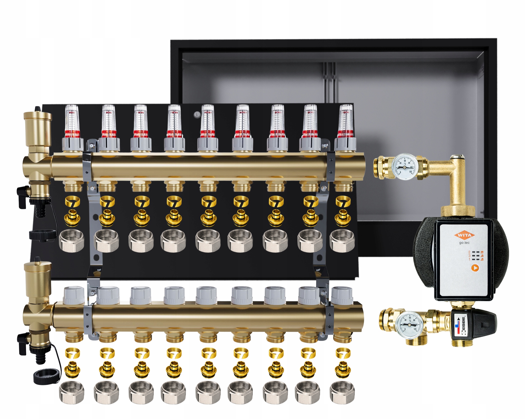 Rozdělovač pro podlahu 9 okruhů s čerpadlem Wita podomítková skříňka Pex
