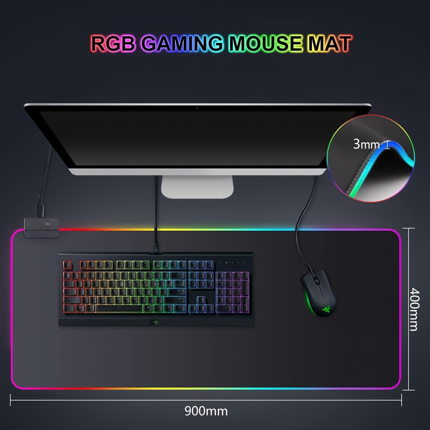 RGB Gaming Pad 900x400mm XXL 14 LED Wodoodporna Podkładka — miniatura 9
