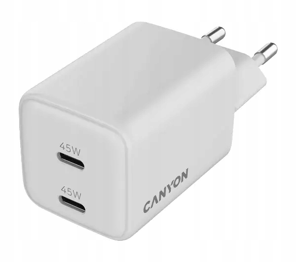 Ładowarka sieciowa uniwersalna Canyon CU45CC GaN 45W 2x Usb-c Biała