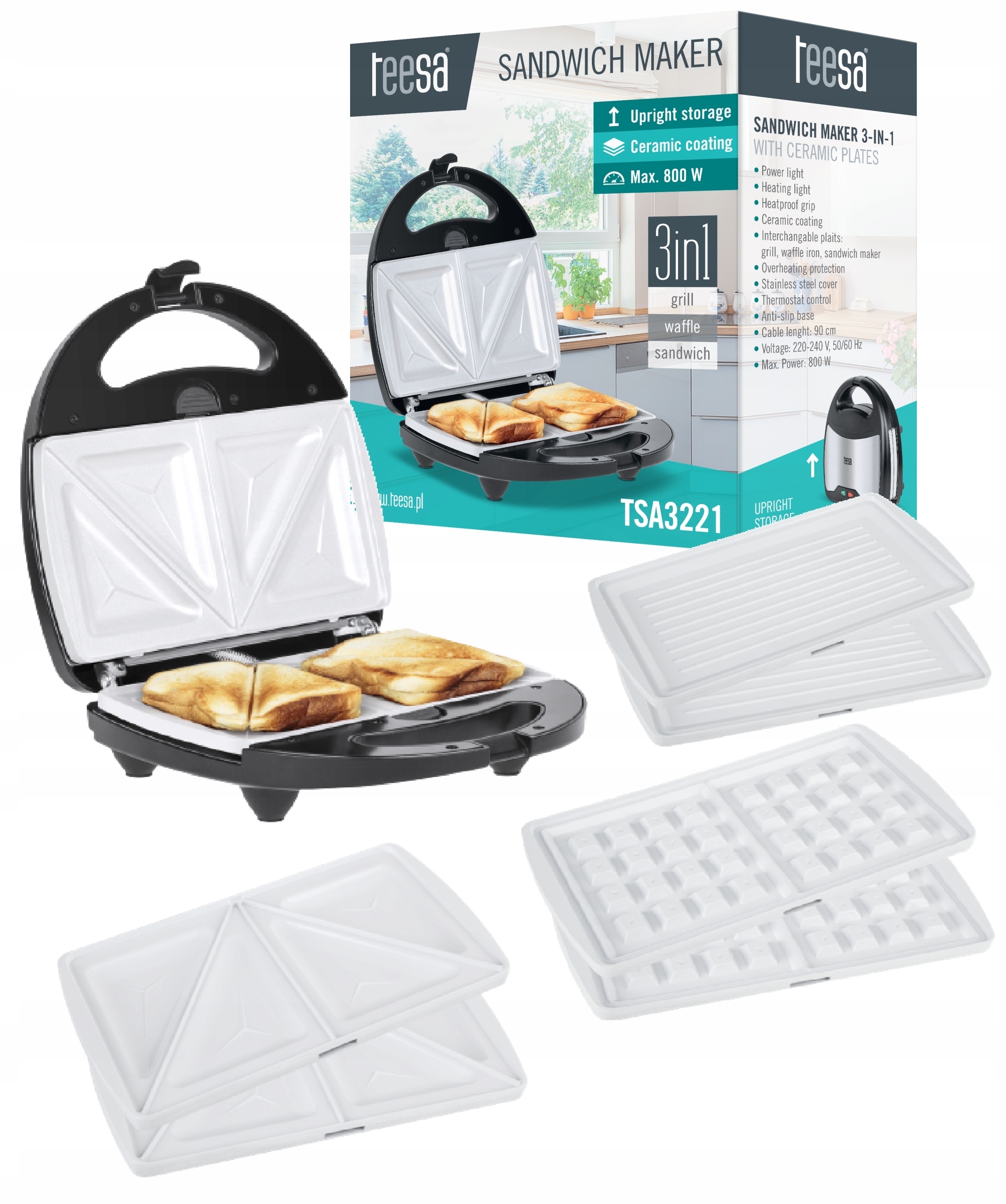 Opiekacz gofrownica grill 3w1 Teesa TSA3221 800W ceramiczny Inox