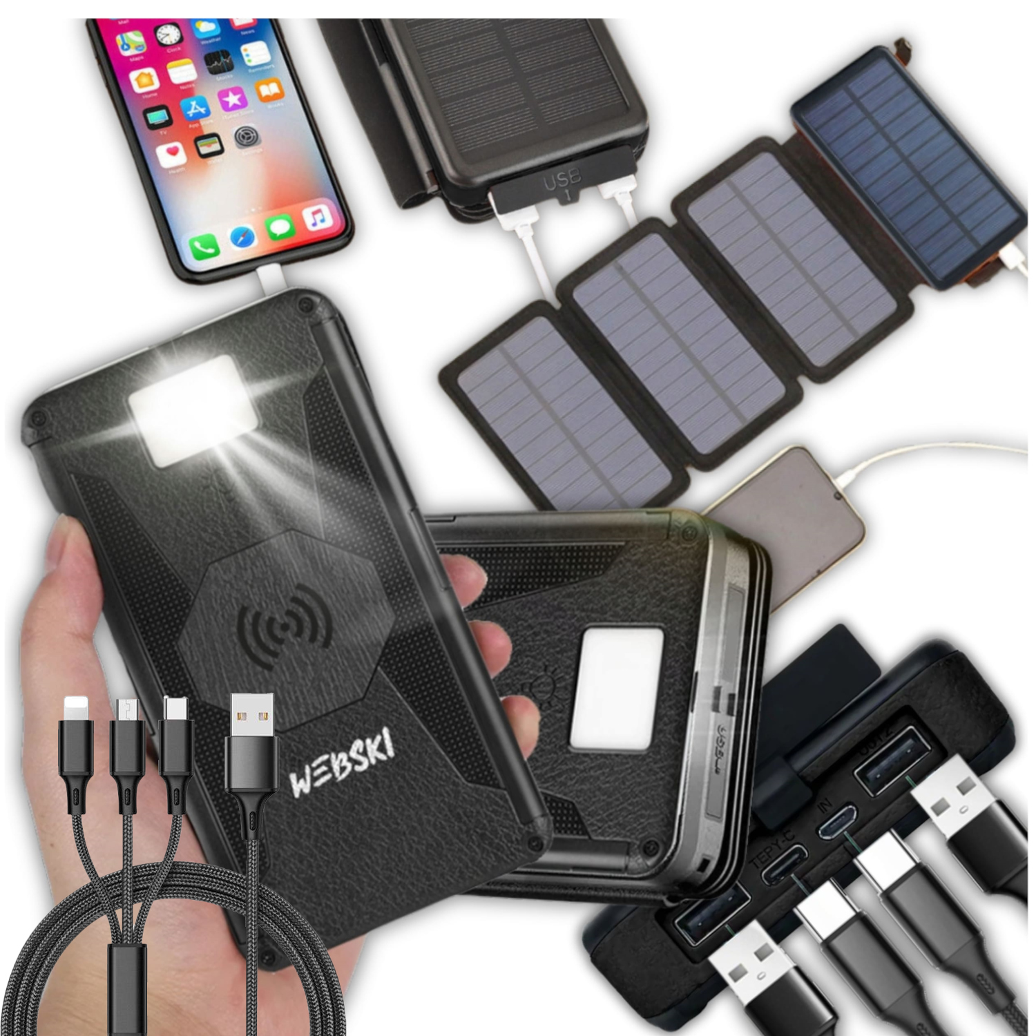 Výkonná Prostorná Solární Powerbanka 20000 mAh Indukční Nabíječka Kabel 3V1