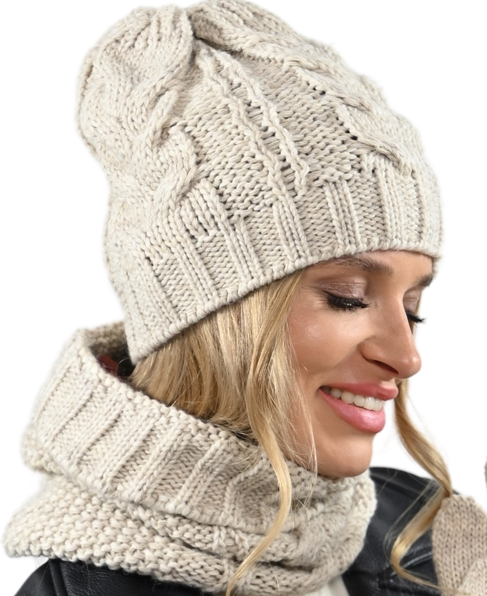 Komplet Čepice Nákrčník Teplá Pletenina Módní copánek Polská kvalita A10