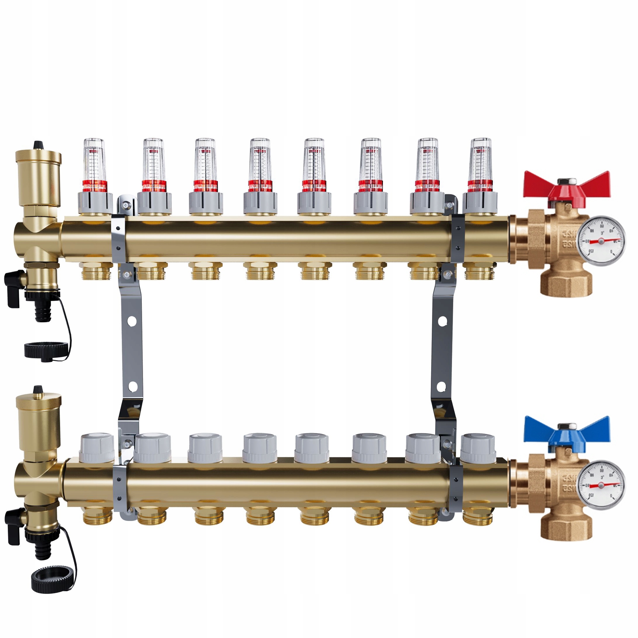 Rozdělovač mosazný Podlahovky 8 okruhů Kulové ventily Teploměr
