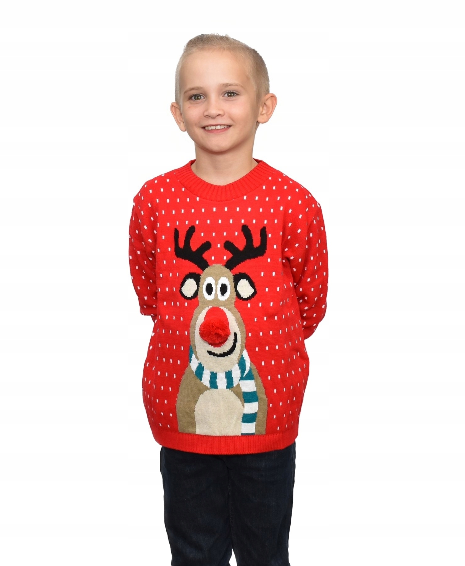DZIECIĘCY SWETER ŚWIĄTECZNY RENIFER RUDOLF pompon czerwony ciepły 6/7 Marka Inna marka