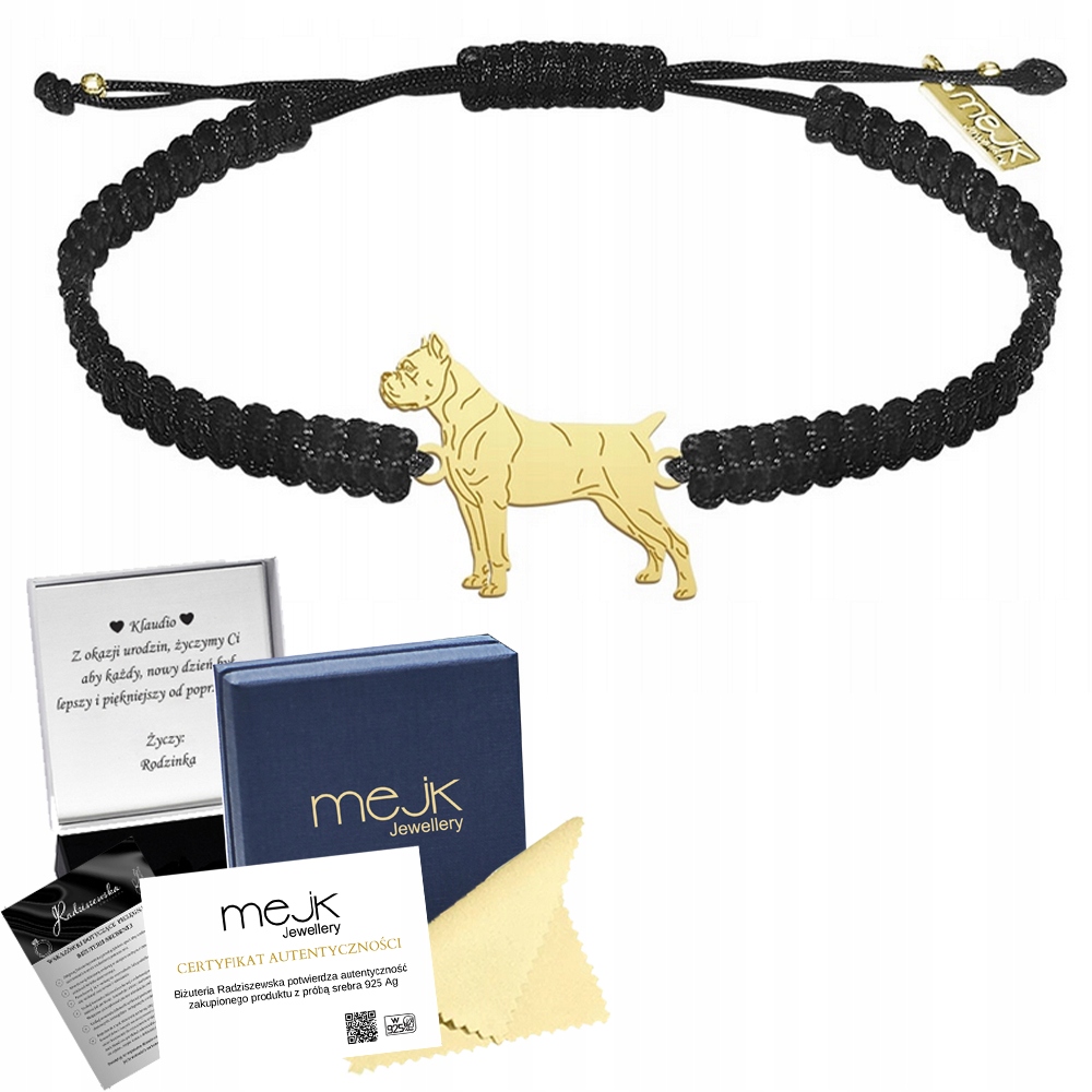 Zlatý náramek se psem Cane Corso 925 Makramé Šperky Gravírování Bonus