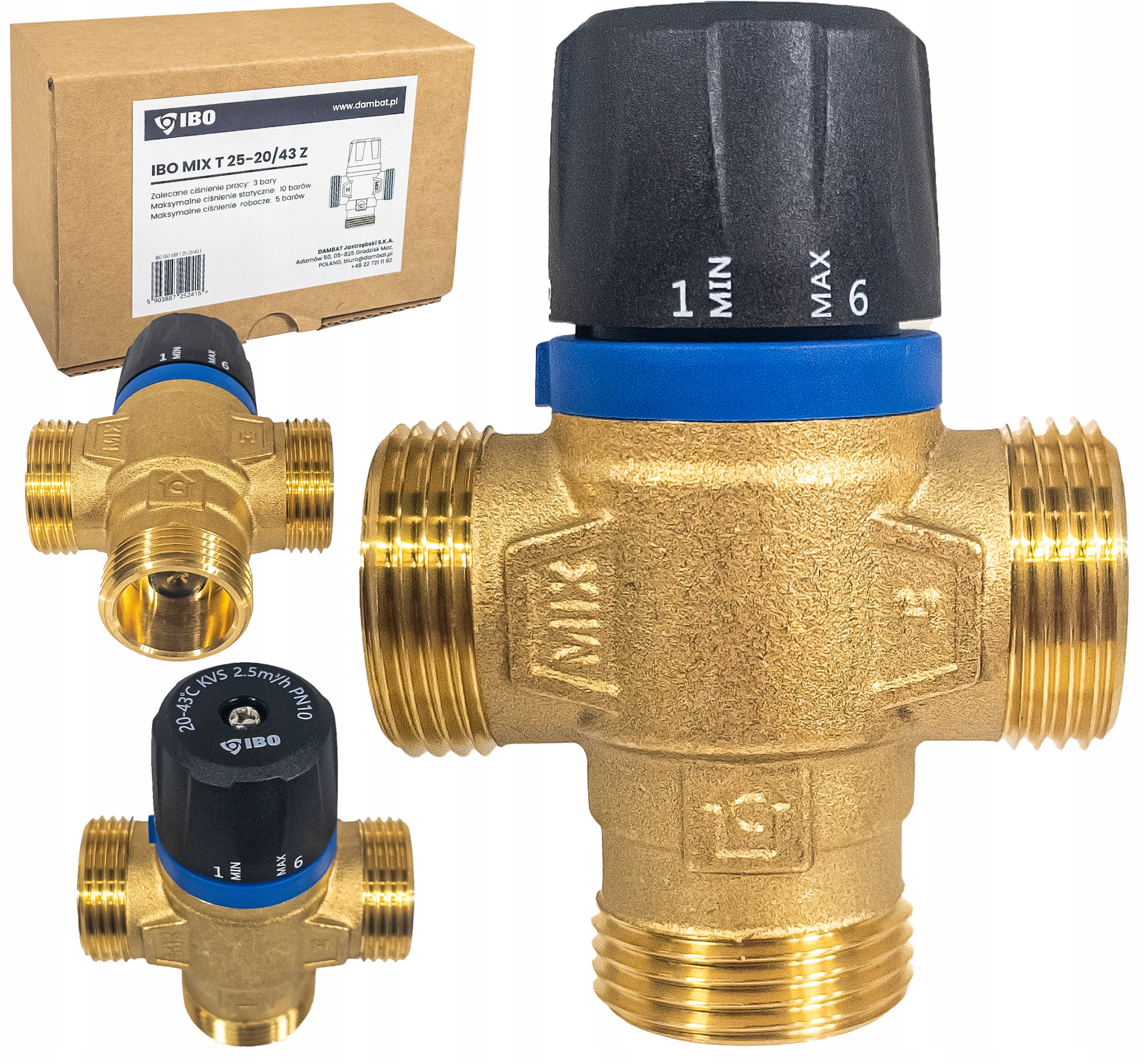 Zawór Trójdrożny Termostatyczny Mieszający 1" DN25 Kvs 2,5m3/h 20-43°C Ibo