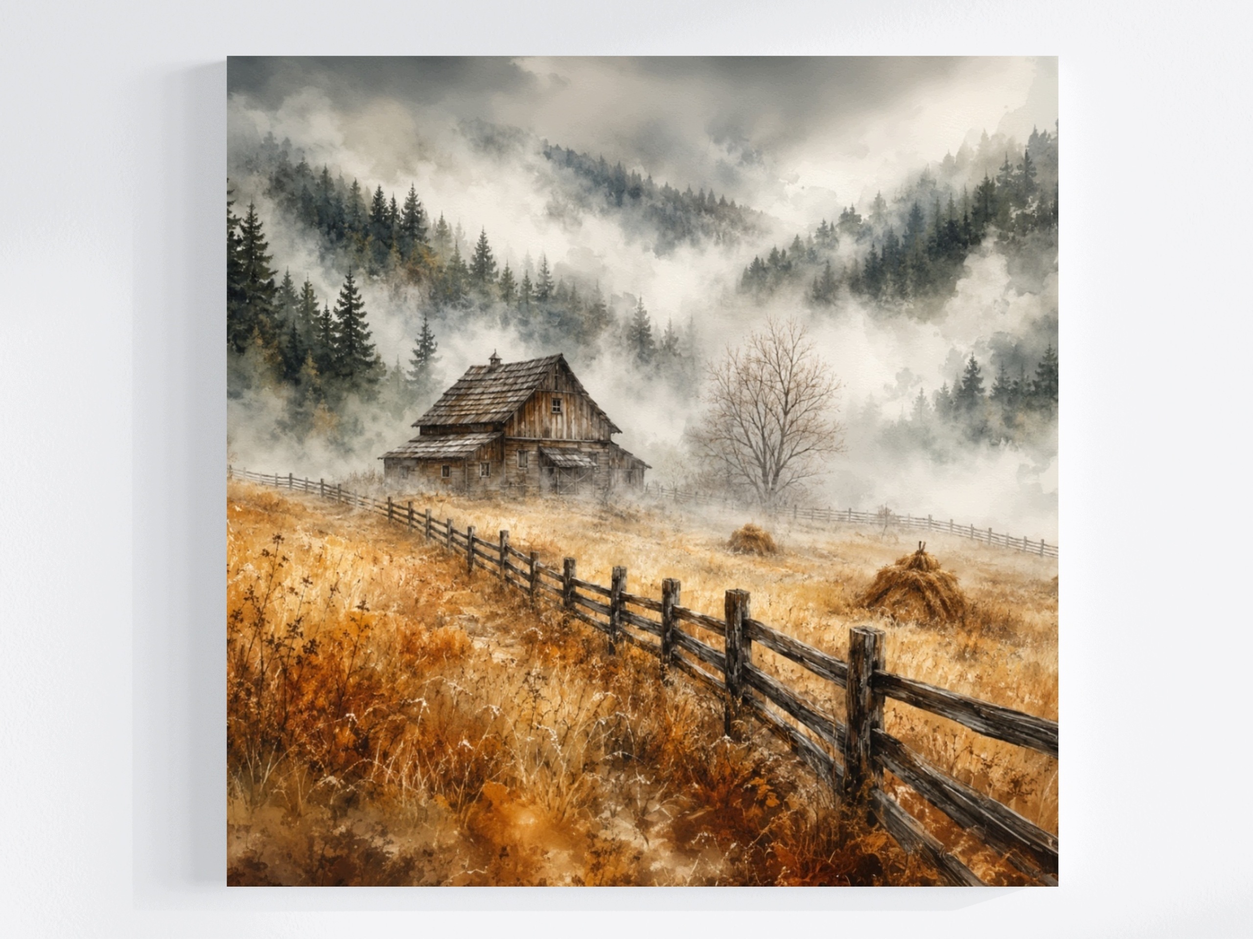 Obraz Na Plátně Canvas Hory Les Stromy Mlha Louka Chata Pole Podzim 50x50