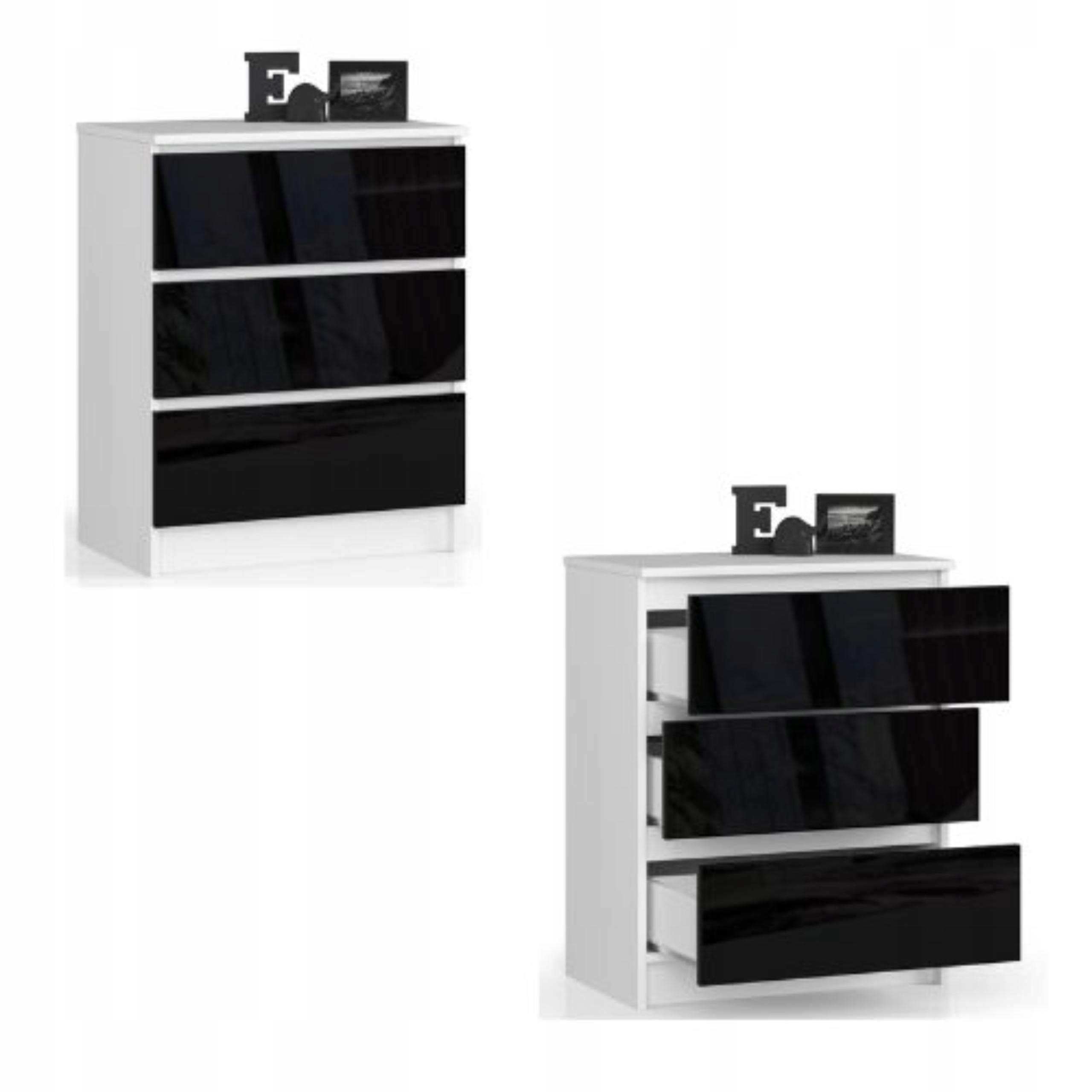 Komoda, skrinka K60 3, zásuvky, biela čierny lesk Akd