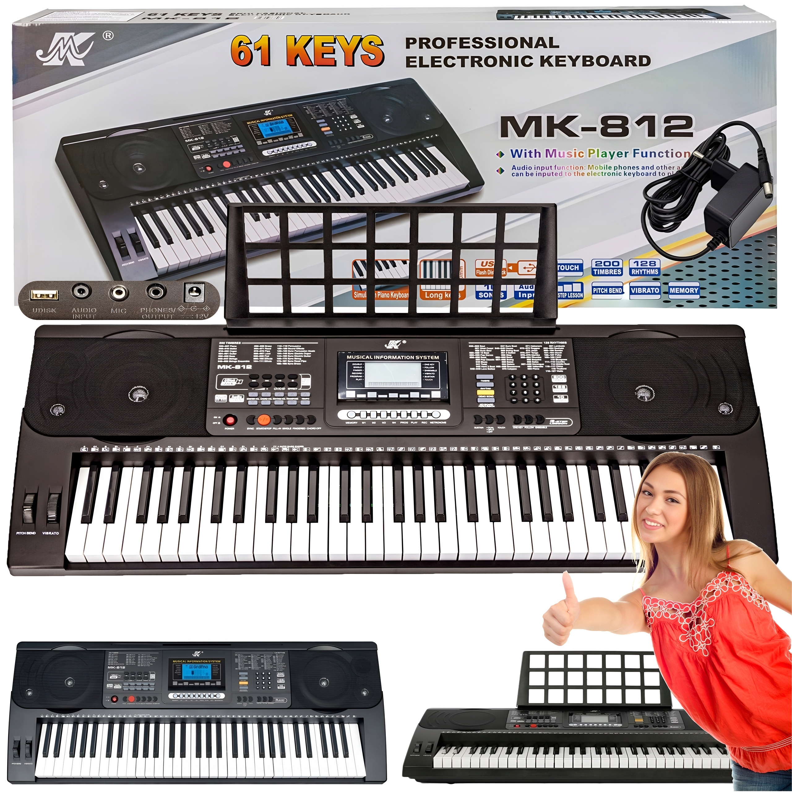 Keyboard Organy Do Nauki Stojak Na Nuty 61 Klawiszy Zasilacz Pianino MK-812