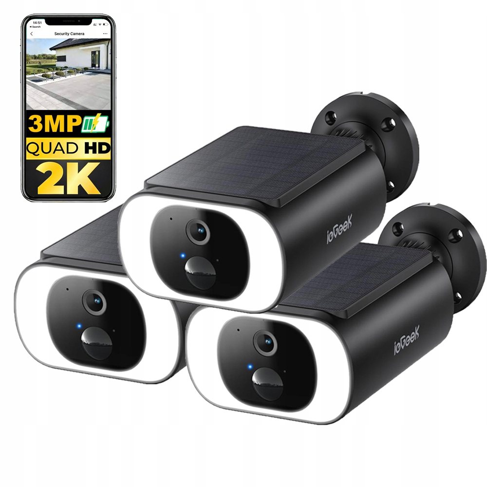 3x 2K Venkovní Bezpečnostní Kamera s integrovaným solárním panelem