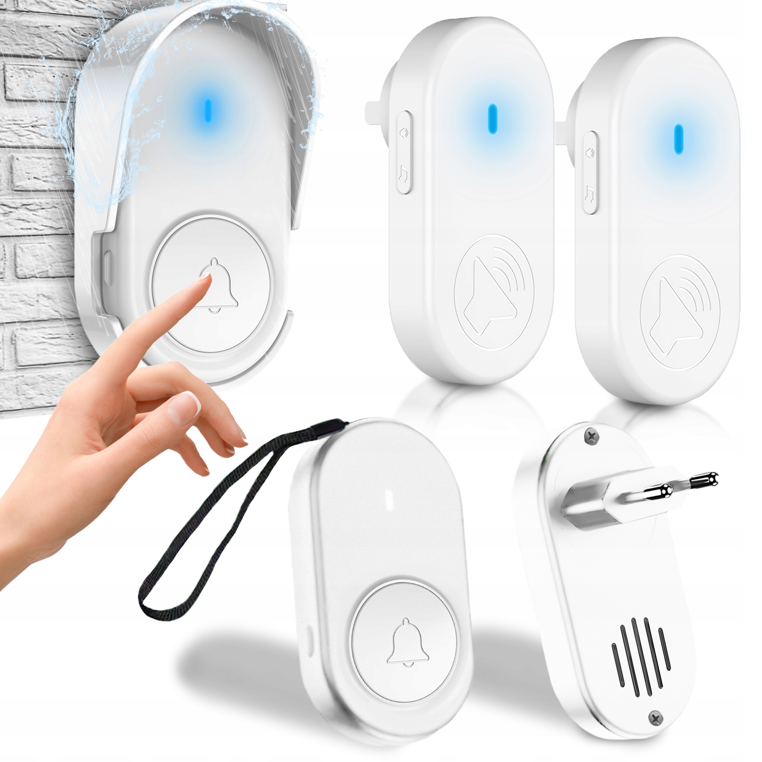 DZWONEK BEZPRZEWODOWY WODOODPORNY Z DASZKIEM DO DRZWI 2 ODBIORNIKI LED 250M