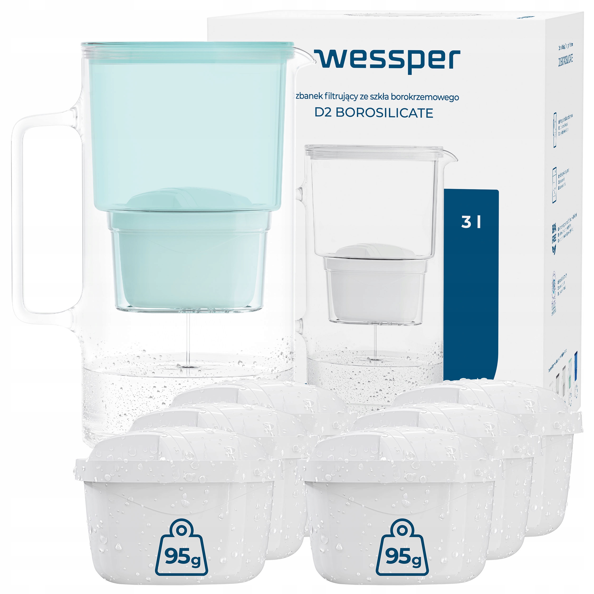 Filtrační konvice skleněná Wessper D2 Borosilicate 3l mátová 7x filtr