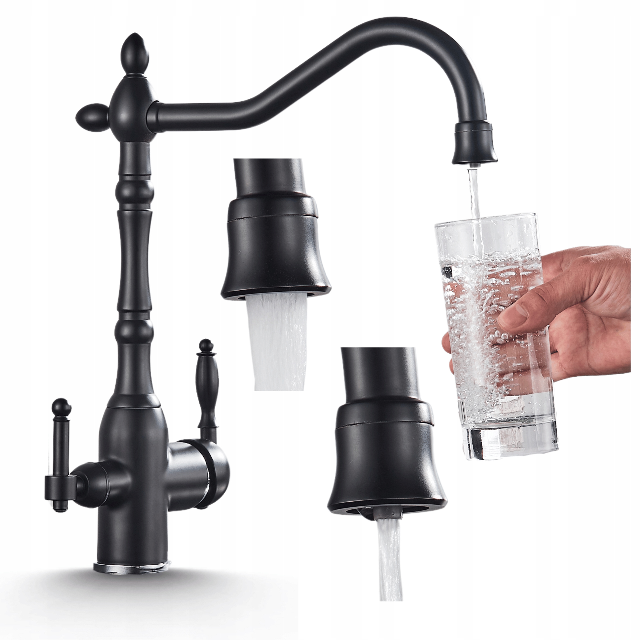 Trojcestná Kuchynská Bateria s otočným výtokom Perlátorom Mosadz Čierna