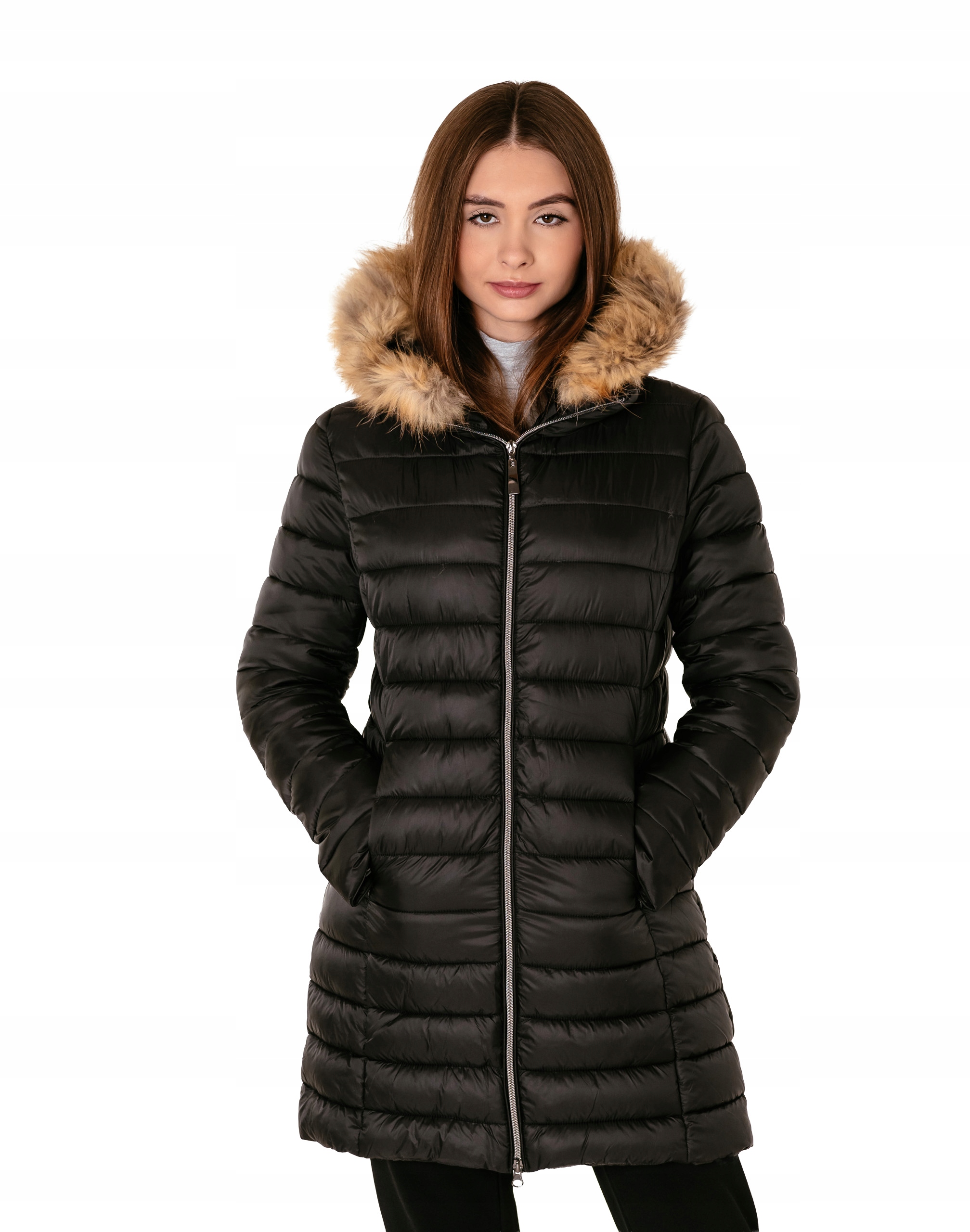 Teplá a zateplená dlouhá dámská péřová bunda pro zimu 1322-02 50