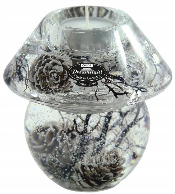 Skleněný svícen zdobený vánoční lampou