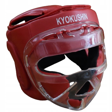 Ochraniacz głowy kask z szybką plastikową czerwony L karate kyokushin