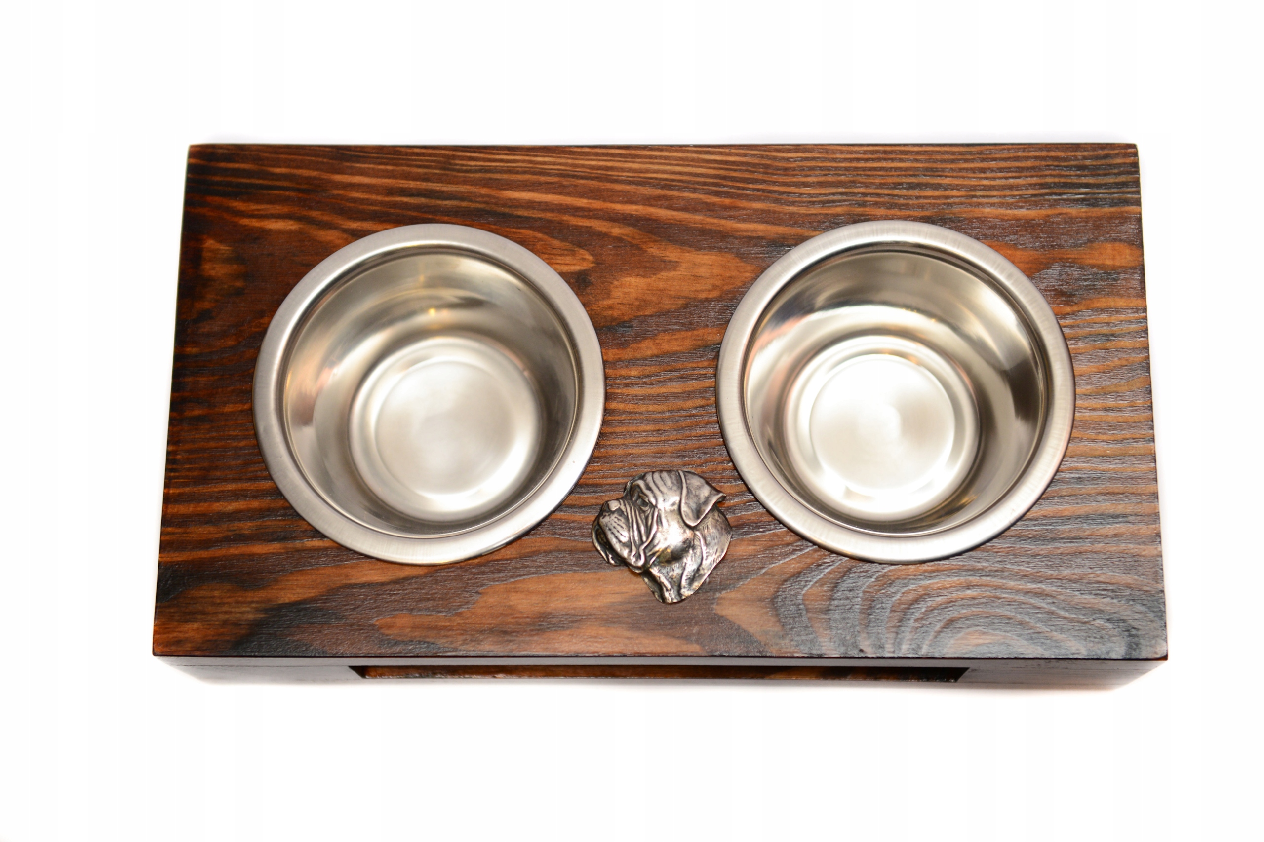 Levně Stojan s miskami pro psa, masivní dřevo, ručně vyráběné ocelové misky Bullmastiff