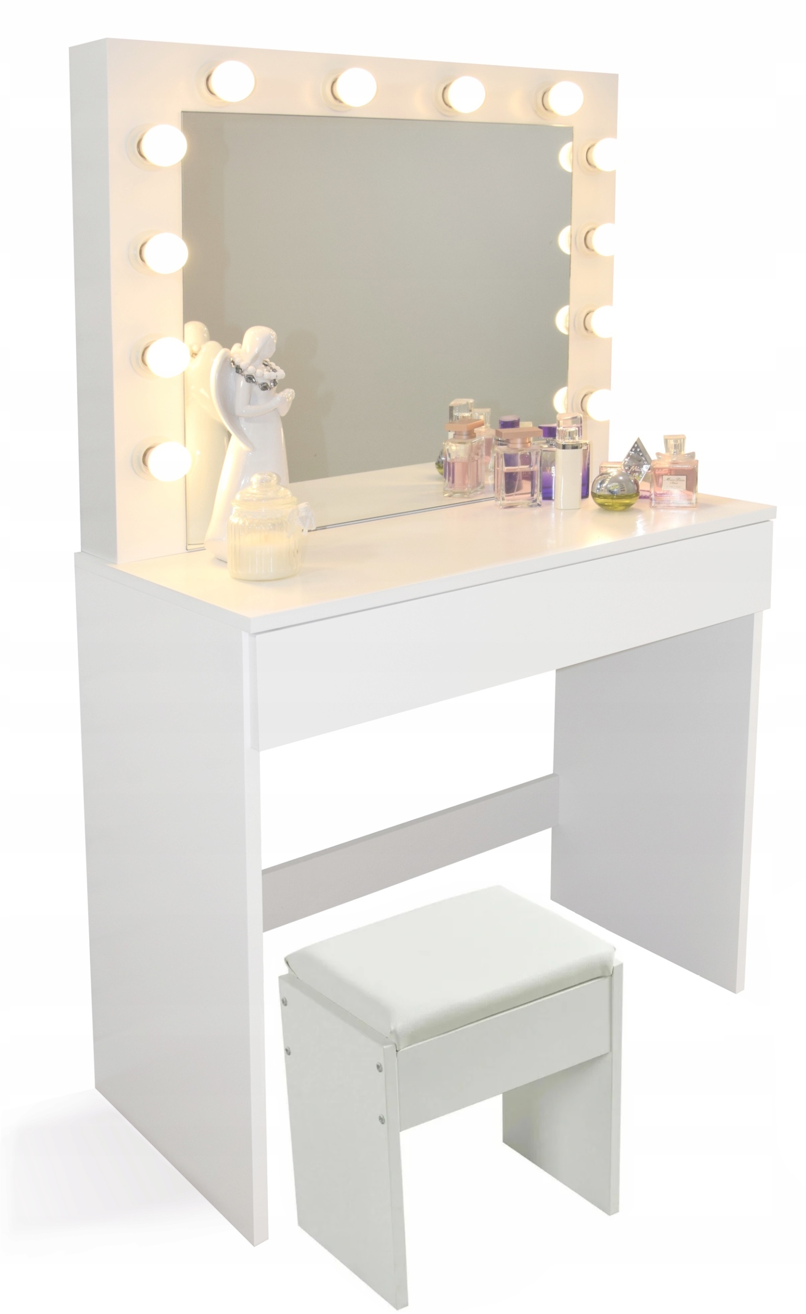 TOALETKA KOSMETYCZNA LUSTRO WIZAŻ OŚWIETLENIE LED HOLYWOOD + KRZESŁO 1028