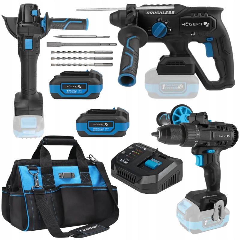 Hogert Zestaw Wkrętarka 80Nm Młotowiertarka Sds+ Szlifierka 125mm 2x4.0Ah