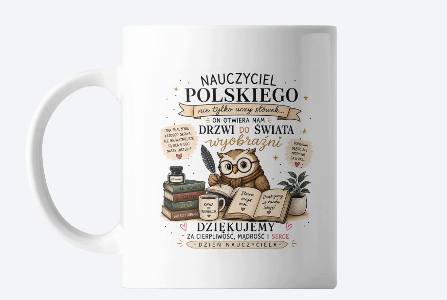 hrnek pro polského učitele zabalený v krabičce s okénkem