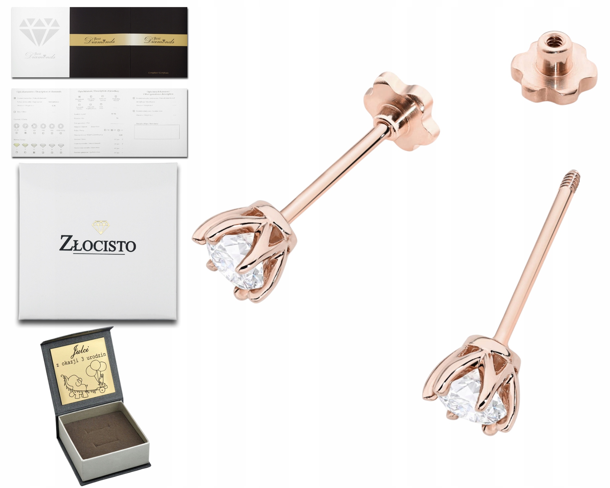 Růžové Zlato Náušnice Diamanty Lab Šroubovací Tyčinka Zlato 585