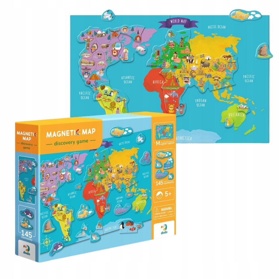 ZESTAW MAGNESÓW MAGNETYCZNA "MAPA ŚWIATA" 145 ELEMENTÓW Z PLANSZ Waga produktu z opakowaniem jednostkowym 0.15 kg