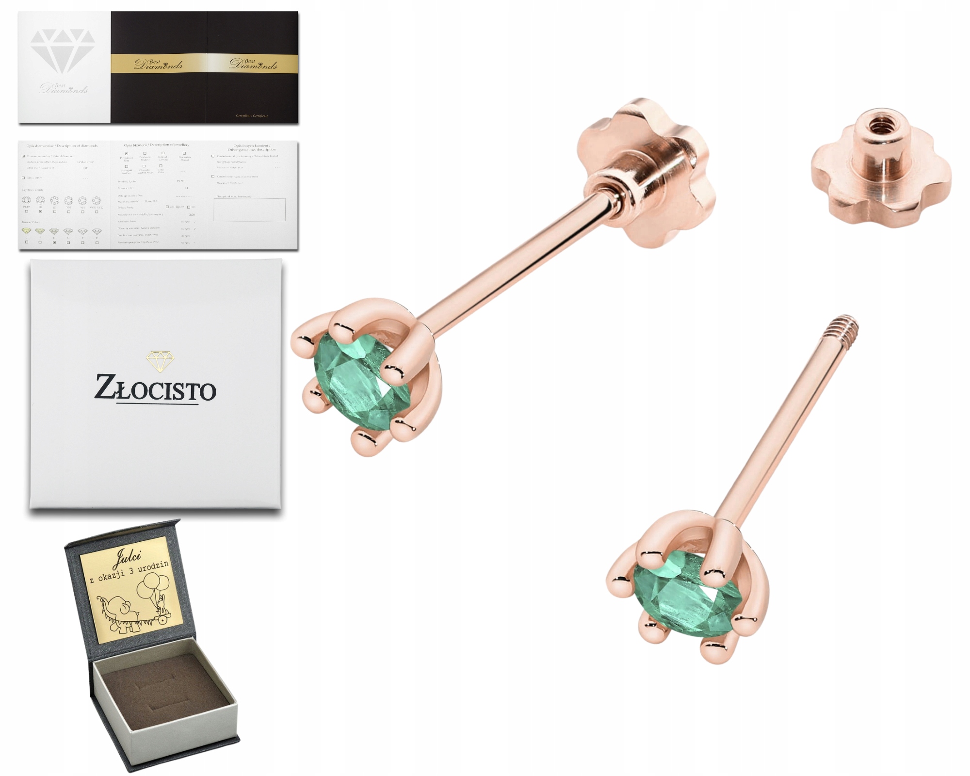 Růžové Zlato Náušnice Se Zelenými Smaragdy Na Zatočené Tyči Zlato