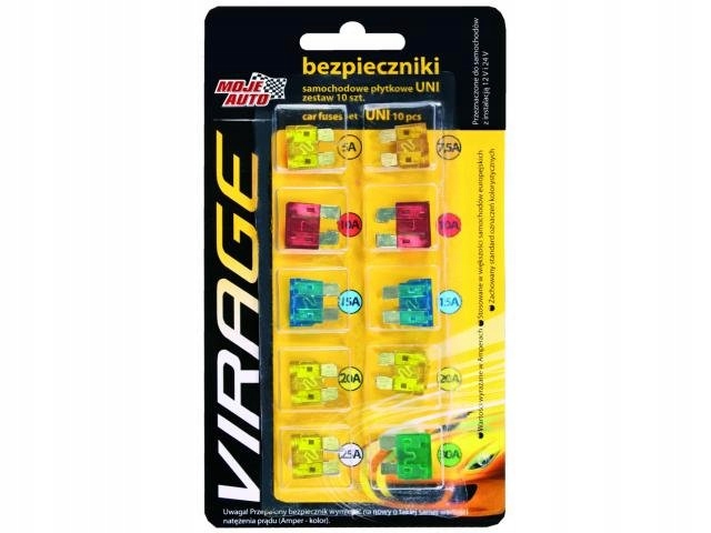 Virage zestaw bezpieczników samochodowych płaskich uni 10 sztuk 12V i 24V