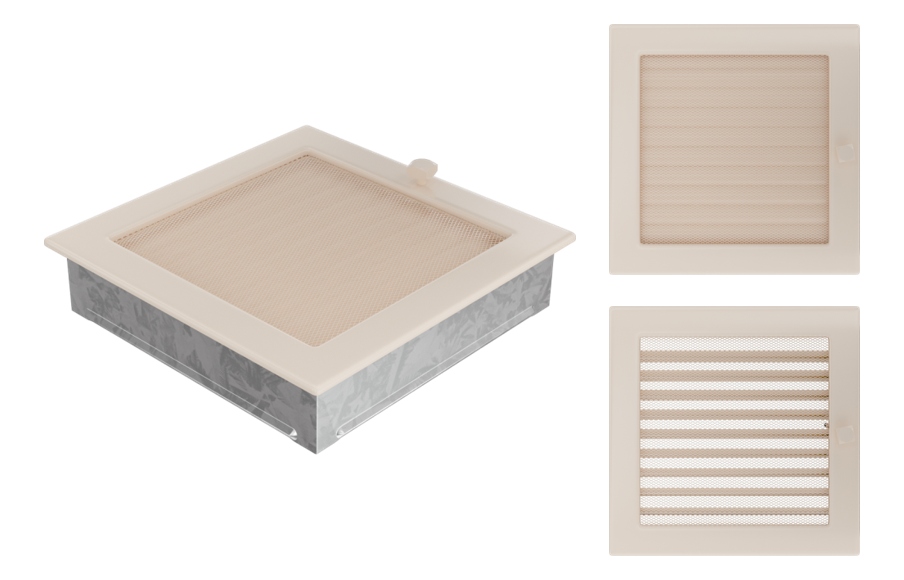 Větrací mřížka do krbu krémová s žaluzií 22x22, čtvercová, lakovaná