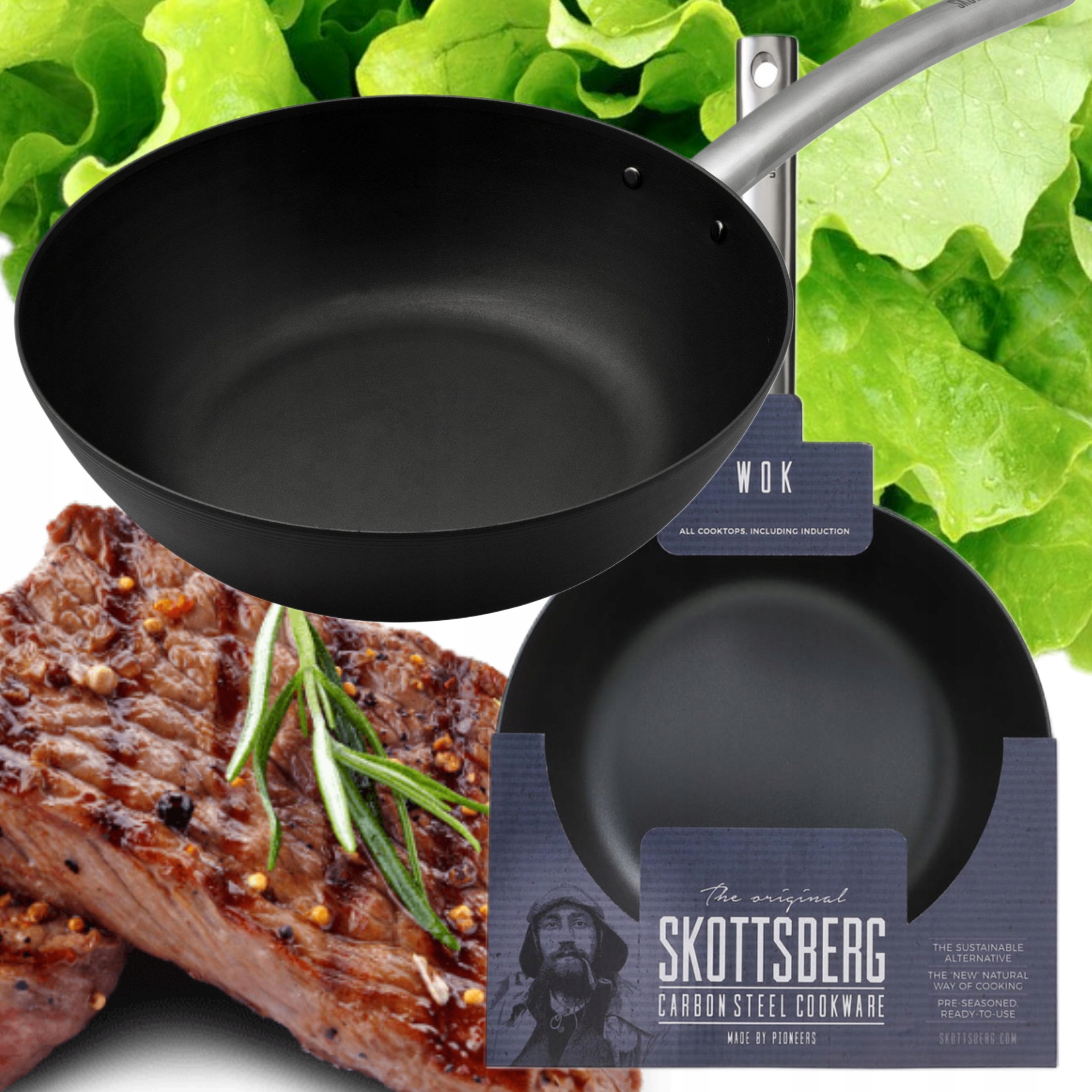 Wok Uhlíková Oceľ 28 CM Skottsberg Indukcia Ázijská Kuchyňa Profesionálna
