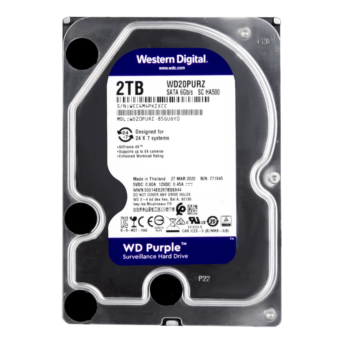 Wd Purple 2TB 5.4K 64MB Sata III 3.5'' WD20PURZ Sc HA500