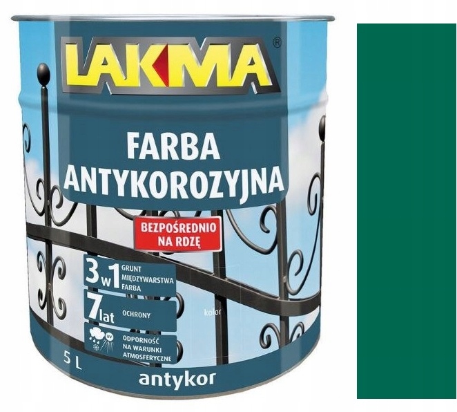 Lakma Antykor Farba Antykorozyjna Do Metalu Ogrodzenia Zielony Ciemny 5L