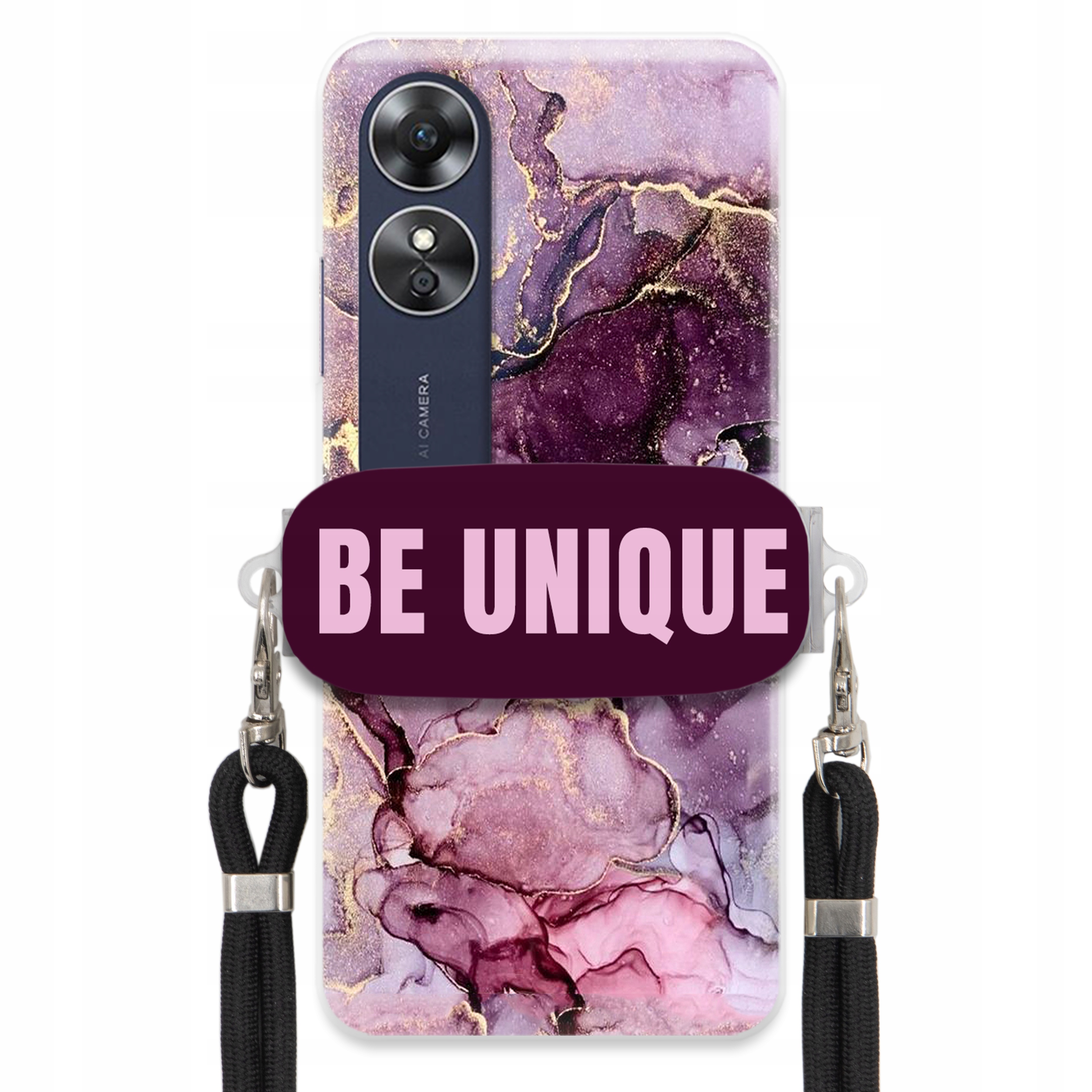Puzdro pre Oppo A17 Case držiak na šnúrku čierny Be Unique Fialový mramor