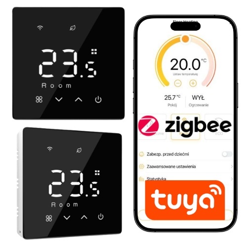 Termostat Černý ZigBee bateriový pokojový regulátor Tuya pro kotle a kamna