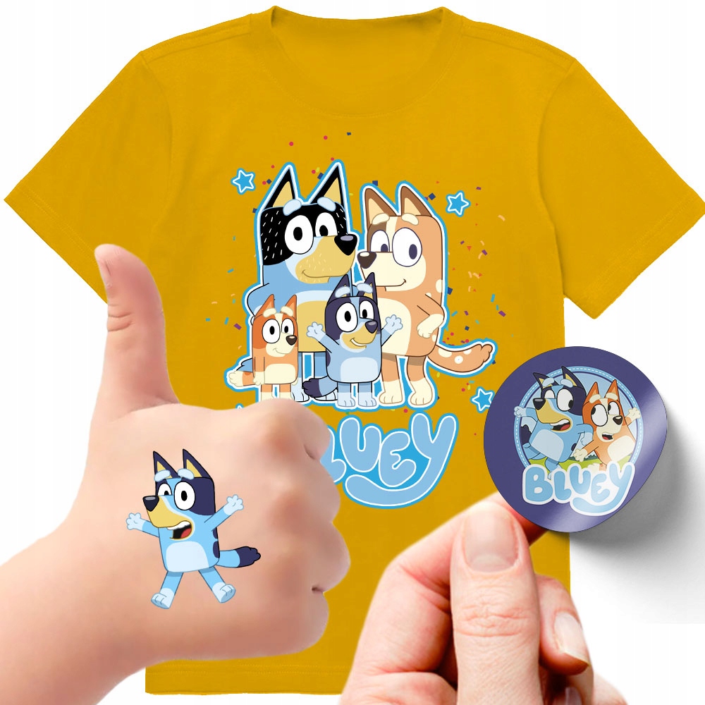 ZESTAW KOSZULKA + TATUAŻE NAKLEJKI BLUEY BLUE 140