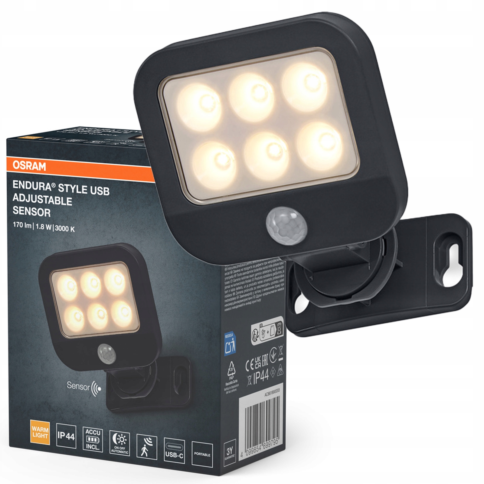 Zahradní nástěnné svítidlo Led lampa Snímač pohybu soumraku 1.8W 3000K IP44 Endura