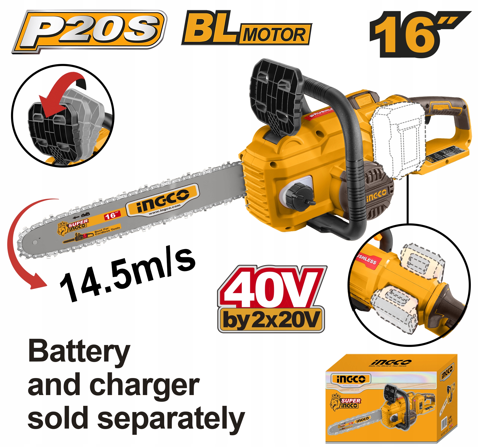 Akumulátorová reťazová píla 16" (40 cm), bezkartáčová, 40 V (20 V 20 V)
