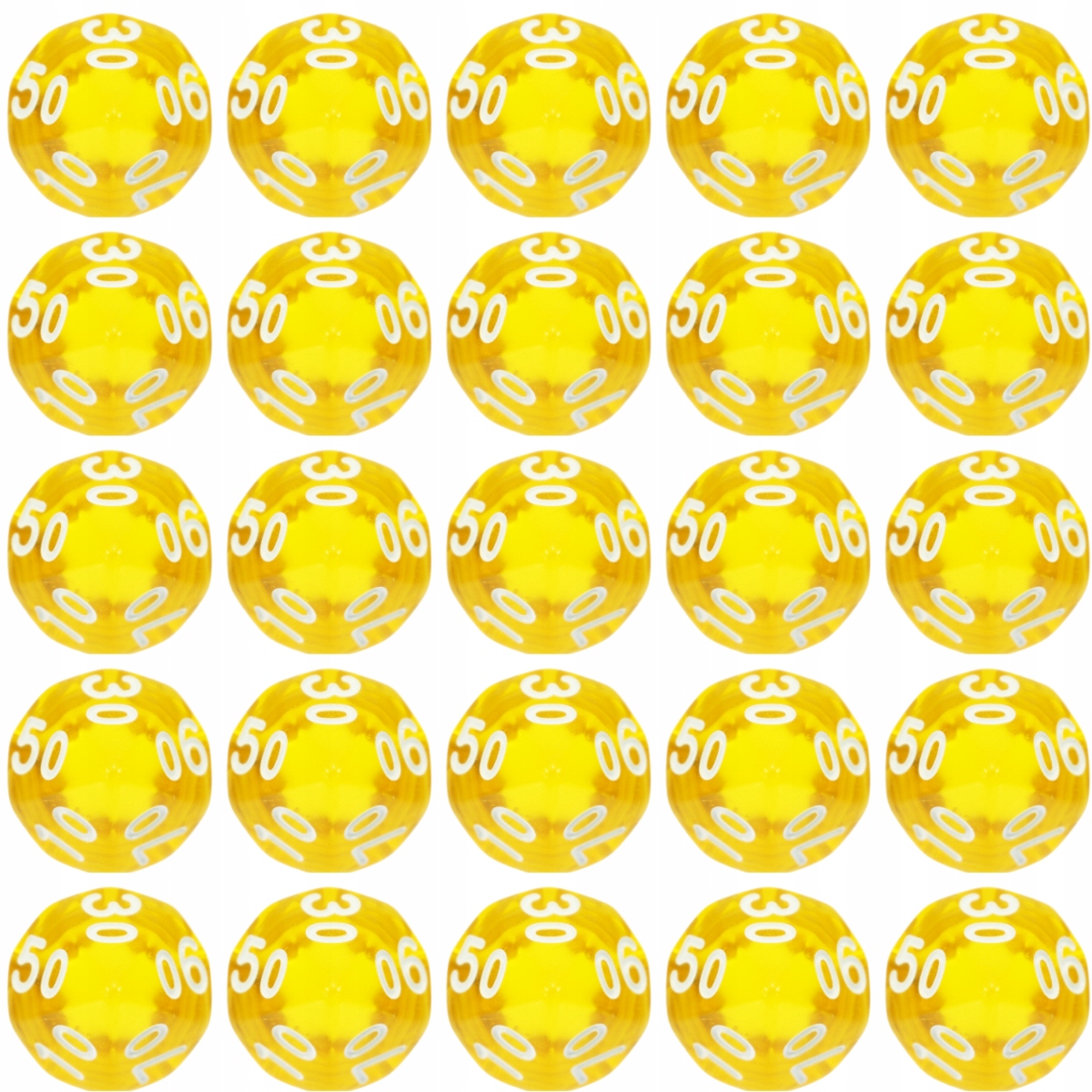 ZESTAW 25 KOSTEK K10 RPG ŻÓŁTA TRANSPARENTNA KOŚĆ DZIESIĘCIOŚCIENNA 00-90