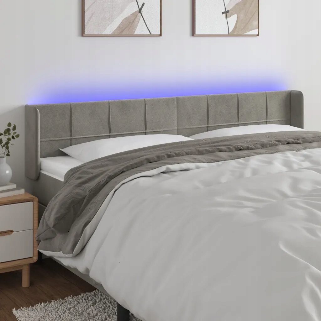 vidaXL Čelo postele s Led světle šedé 203 x 16 x 78/88 cm samet
