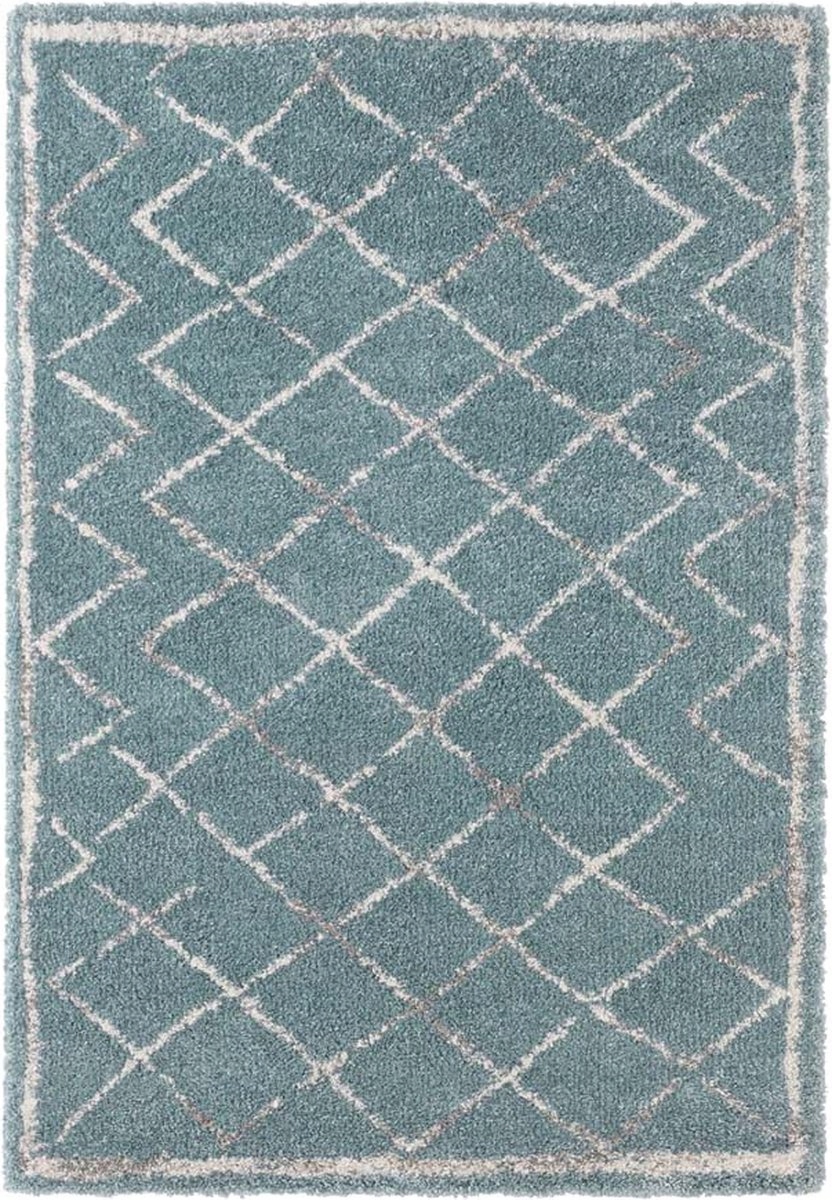 Tyrkysově krémový koberec do obývacího pokoje, silný koberec typu shaggy, boho vzor 80 x 150 cm
