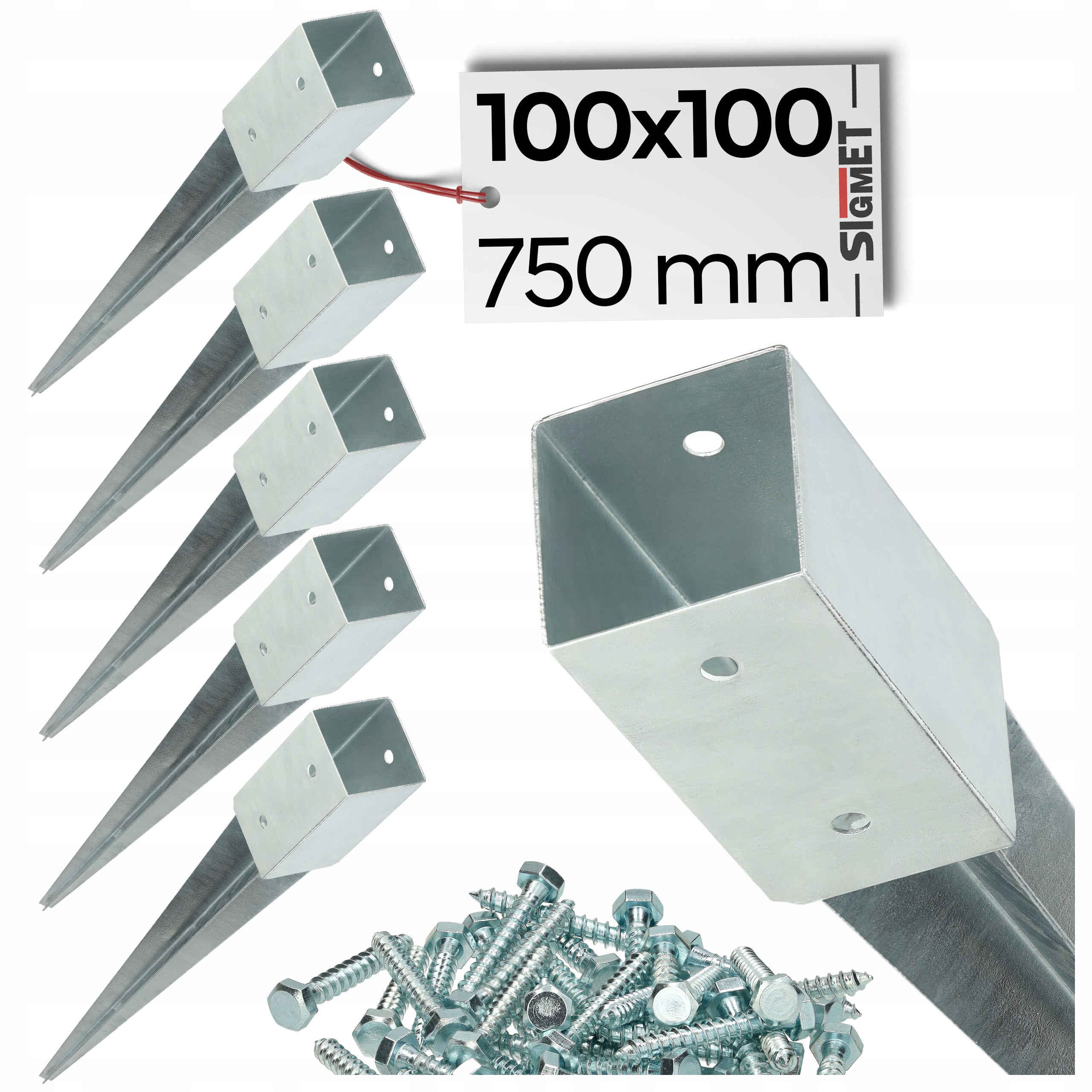 6 x základňa stĺpika zatĺkacia kotva 100 x 100 750 mm pozinkovaná skrutka na montáž