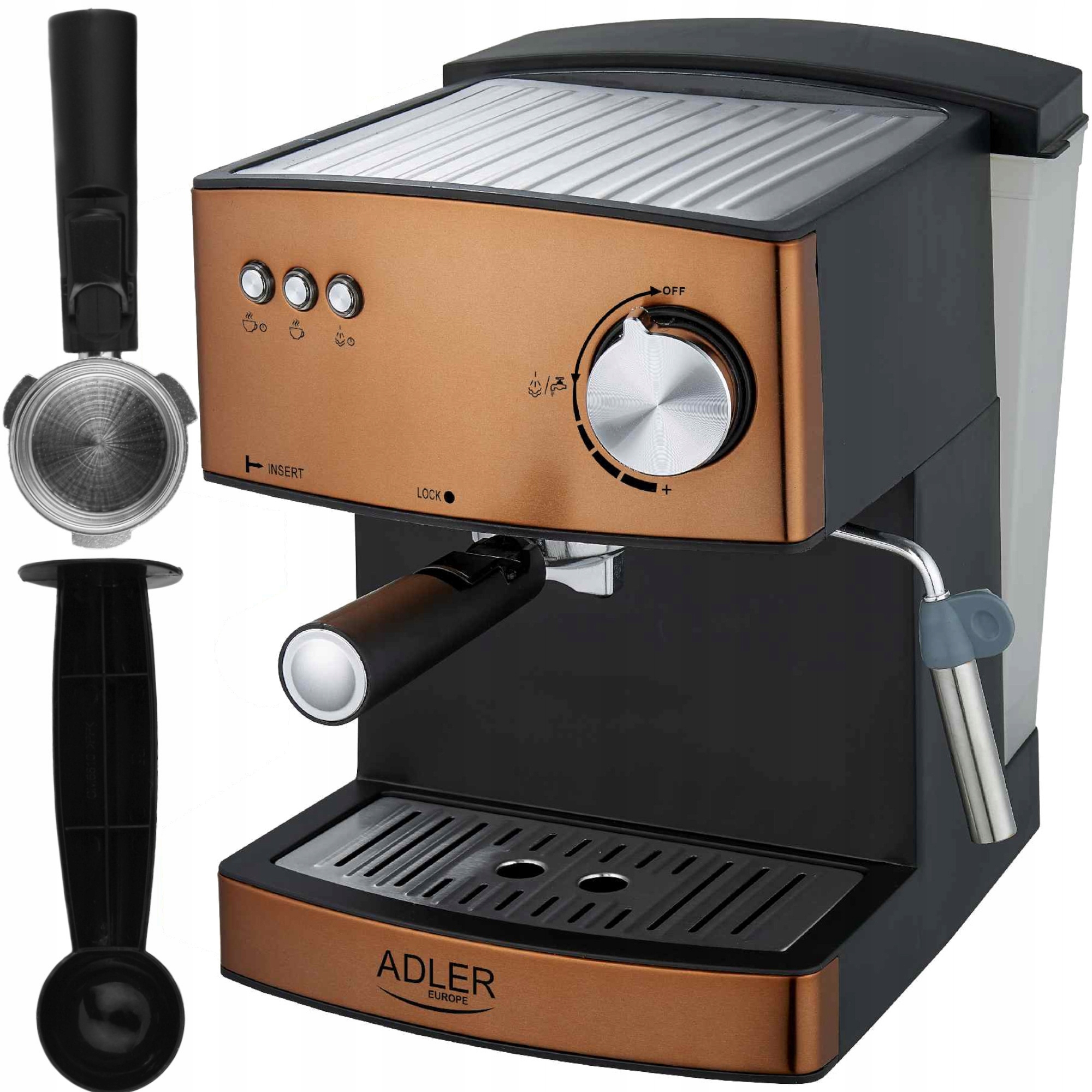 Kávovar na kávu tlakový Kolbový Medený Adler Napeňovač mlieka