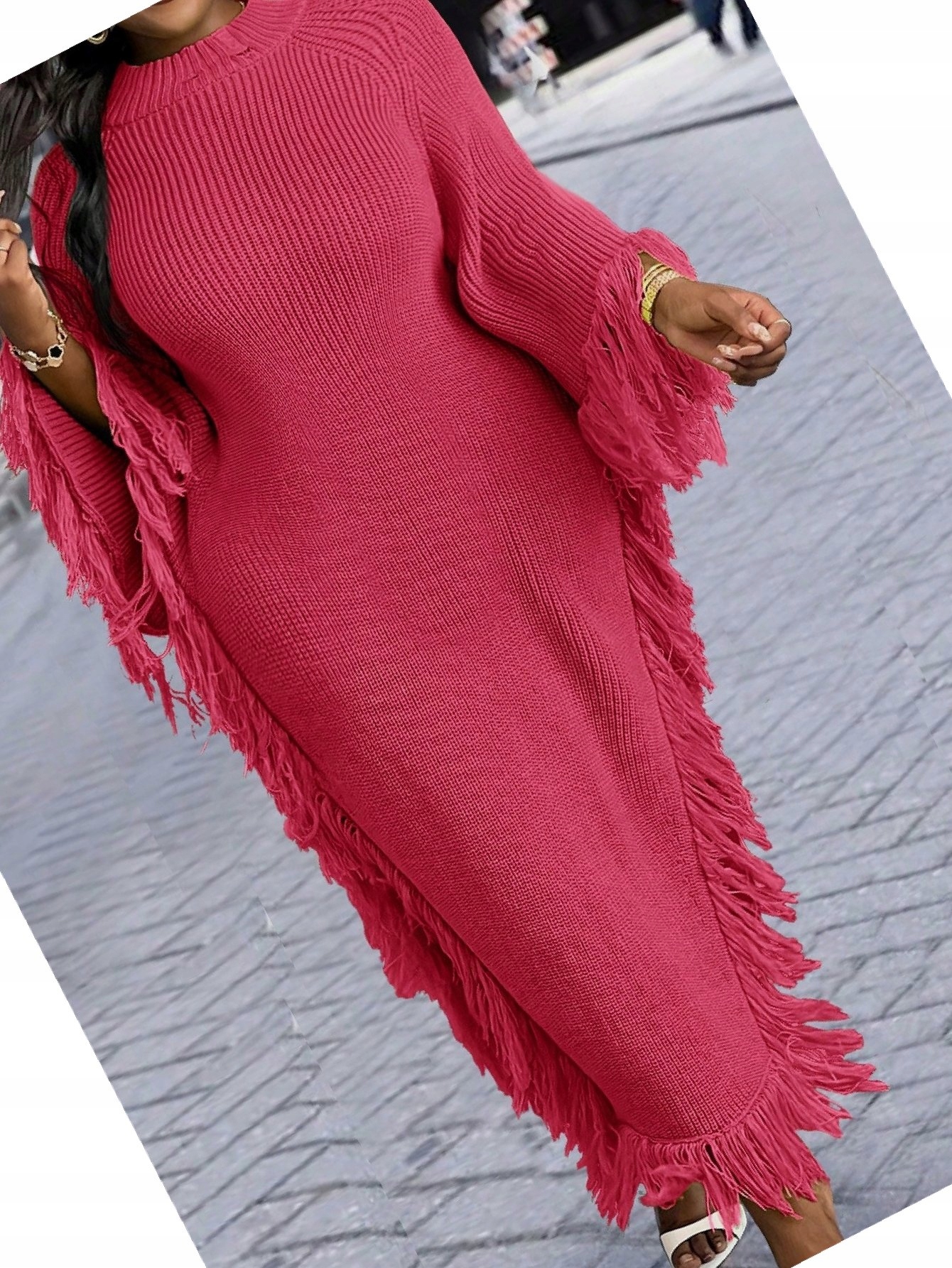 Šaty Asymetrická pletená s třásněmi Růžová Svetrová 3XL 46