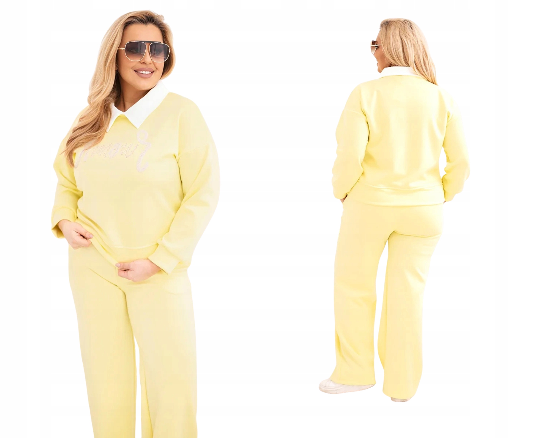 Žlutý tepláková souprava Máslový Plus Size s límečkem a výšivkou