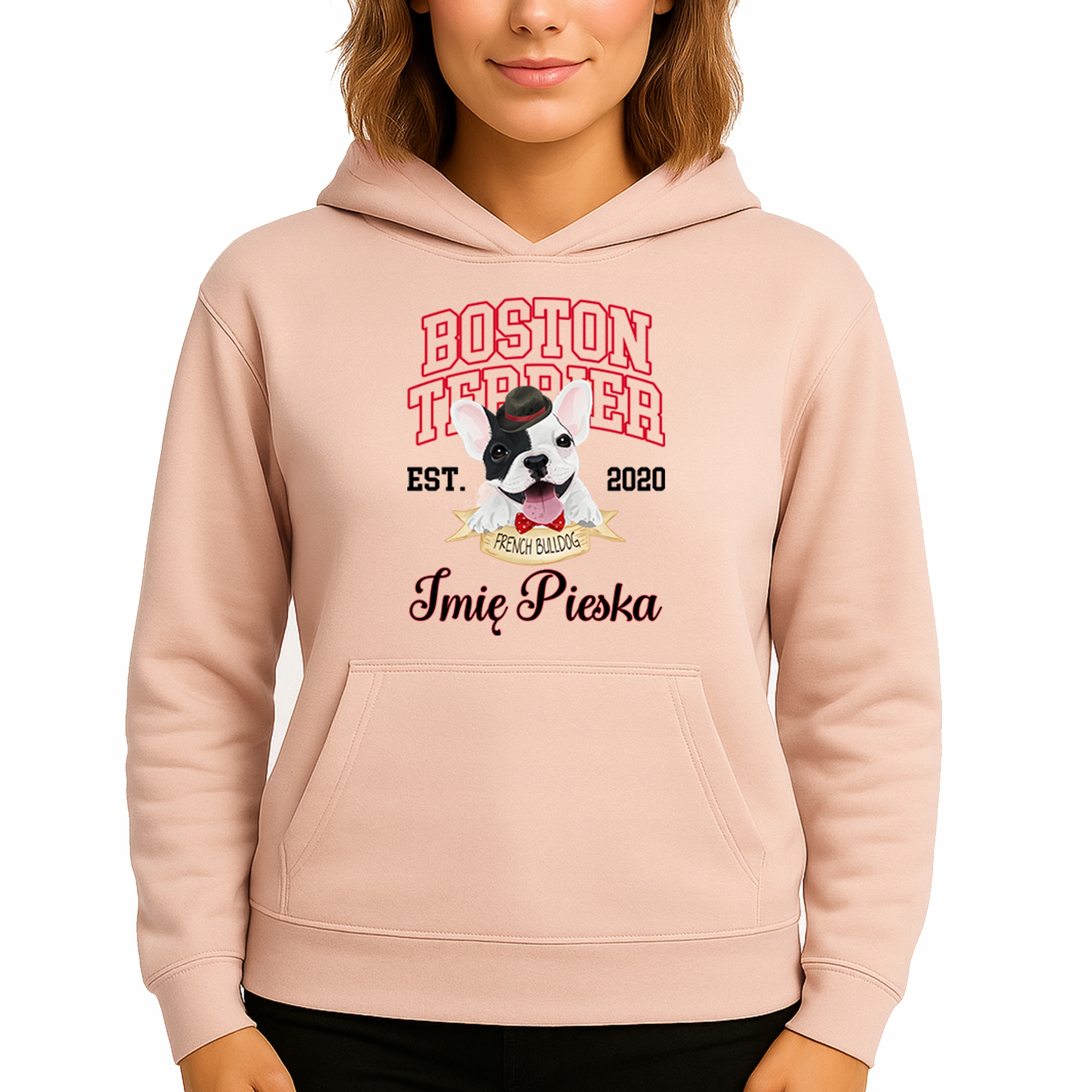 Mikina Broskvová Hoodie S Kapucí Boston Teriér Jméno pejska S