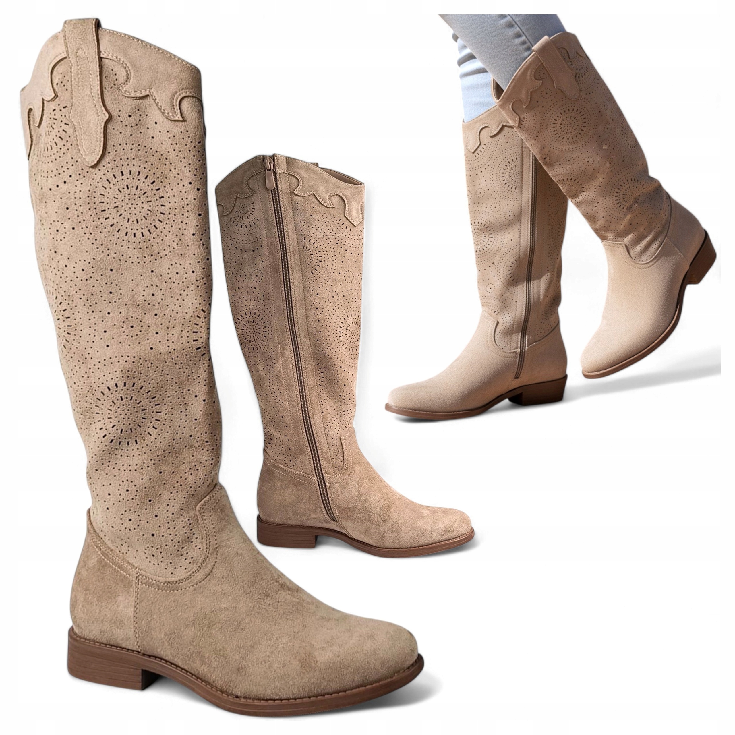 Kovbojské Boty Dámské Ažurové Semišové 39 Kozačky Podzimní Elegantní Béžová Potocki