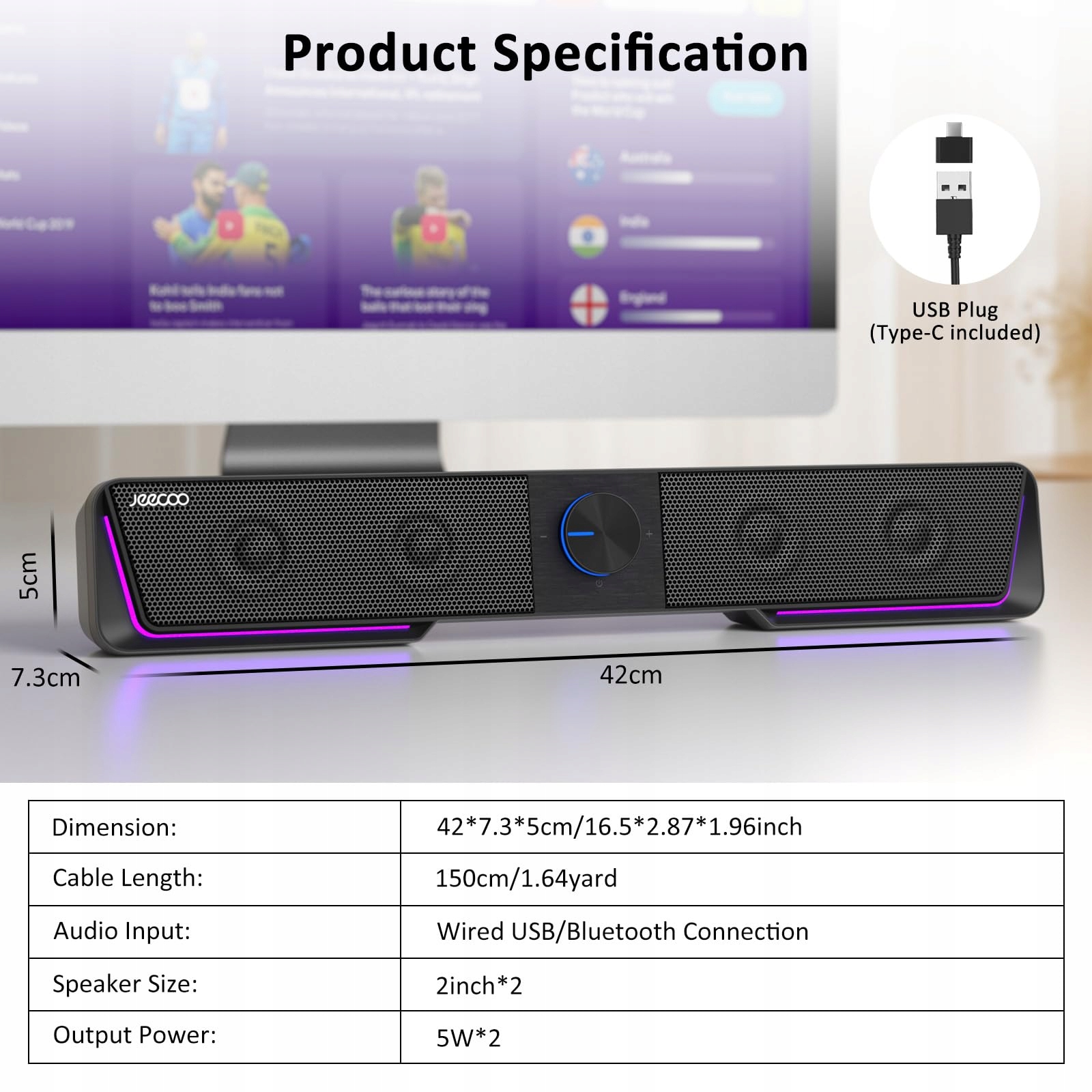 JECOO A40 Głośniki Komputerowe USB Bluetooth Czarny Soundbar PC — miniatura 2